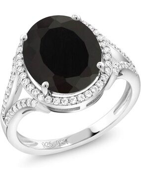 Elegant Black Oval Gemstone Halo Ring - 925 Sterling Silver size 7